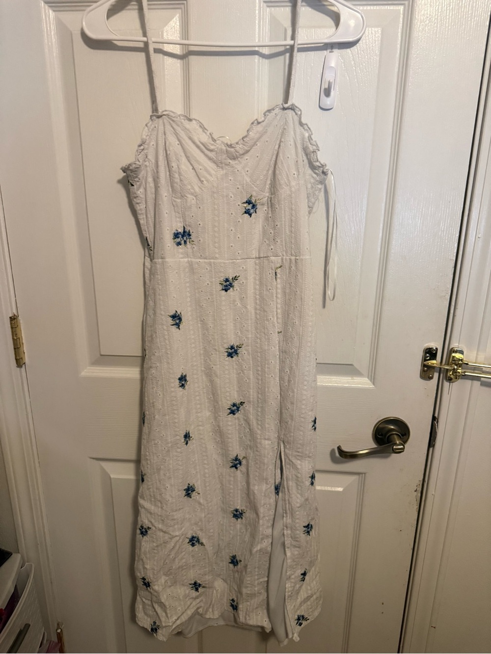 iris White Maxi Dress with Blue Floral Accents
